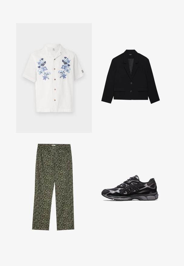 Musta lühike bleiser, millel on nurgelise krae, kaks esist pocketit ja kahe nööbiga kinnitage. Tekstureeritud kangas sujuva sisekattega.; Valge lühikeste varrukatega särki, millel on sinine lilleline tikand, pruunid nööbid esiosas ja lõdva krae disain.; Leopardimustrilised püksid oliivirohelises värvitoonis, pehmest kangast, elastse vöökoha ja nööriga sulgemisega, et tagada kohandatav sobivus.; Mustad mustus spordijalats, millel on võrk- ja nubukülem, kus on tekstuuriga disain ning tugev ning pehme hall tallad.