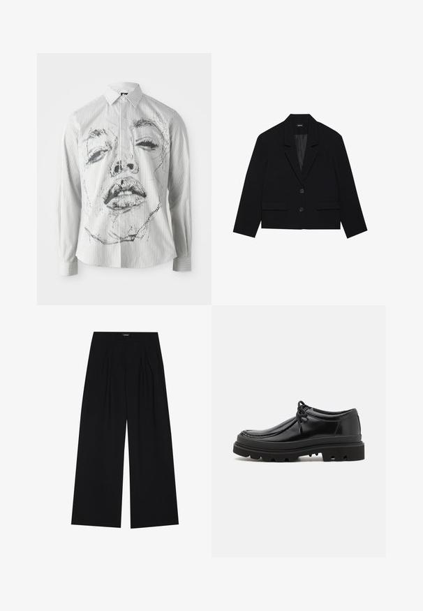 Schwarze cropped Blazerjacke mit Reverskragen, zwei Vordertaschen und zwei Knopfverschluss. Strukturierter Stoff mit glattem Innenfutter.; Gestreiftes Langarmshirt mit einer monochromen Gesichtsillustration auf der Vorderseite. Der Stoff ist glatt, mit einem klassischen Kragen und Knopfdetails.; YOURTURN UNISEX - Stoffhose - black; Schwarze Leder-Derby-Schuhe mit einem eleganten Design, runder Zehenpartie und rutschfester Gummisohle mit tiefen Rillen für besseren Halt.