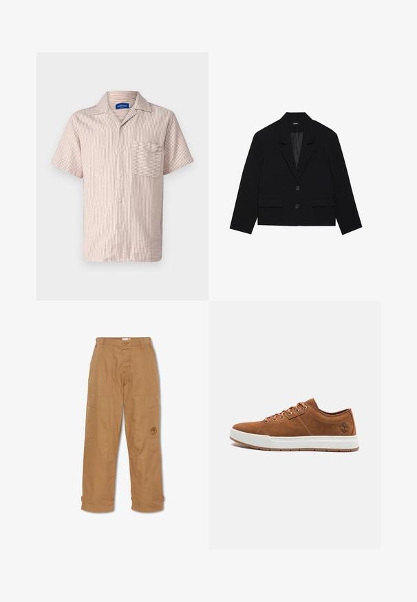 Schwarze cropped Blazerjacke mit Reverskragen, zwei Vordertaschen und zwei Knopfverschluss. Strukturierter Stoff mit glattem Innenfutter.; Jack & Jones JORATLAS RESORT - Hemd - brown; Khakifarbene Arbeitshosen aus strapazierfähigem Stoff, mit mehreren Taschen, einem Knopfverschluss und gesticktem Logo auf dem Oberschenkel.; Braune Wildleder-Sneaker mit weißer Gummisohle, runder Zehenform, sechs Metallösen und geprägtem Logodetail an der Seite. Klassisches Schnürdesign.