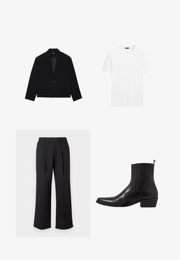 Blazer noir court avec un col cranté, deux poches avant et fermeture à deux boutons. Tissu texturé avec une doublure intérieure lisse.; T-shirt en coton blanc avec un col rond, des manches courtes et une coupe droite. Présente une texture lisse et légère, sans motifs visibles.; Pantalons larges noirs en tissu lisse, dotés d'un pli avant, d'une fermeture par bouton et de poches latérales.; Bottine noire en cuir avec un bout pointu, des panneaux latéraux élastiques, des accents de coutures verticales et un petit talon bloc.