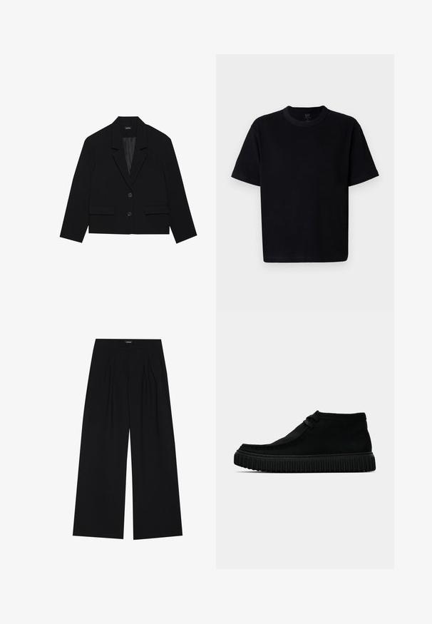 Blazer negro corto con cuello de muesca, dos bolsillos frontales y cierre de dos botones. Tejido texturizado con forro interior suave.; Camiseta de algodón negra con cuello redondo, mangas cortas y corte recto. Presenta costuras minimalistas y una textura suave y lisa.; YOURTURN UNISEX - Pantalones - black; Botas negras hasta el tobillo hechas de material suave, con punta redondeada, minimalismo en el cordaje y una suela de goma texturizada con surcos verticales.