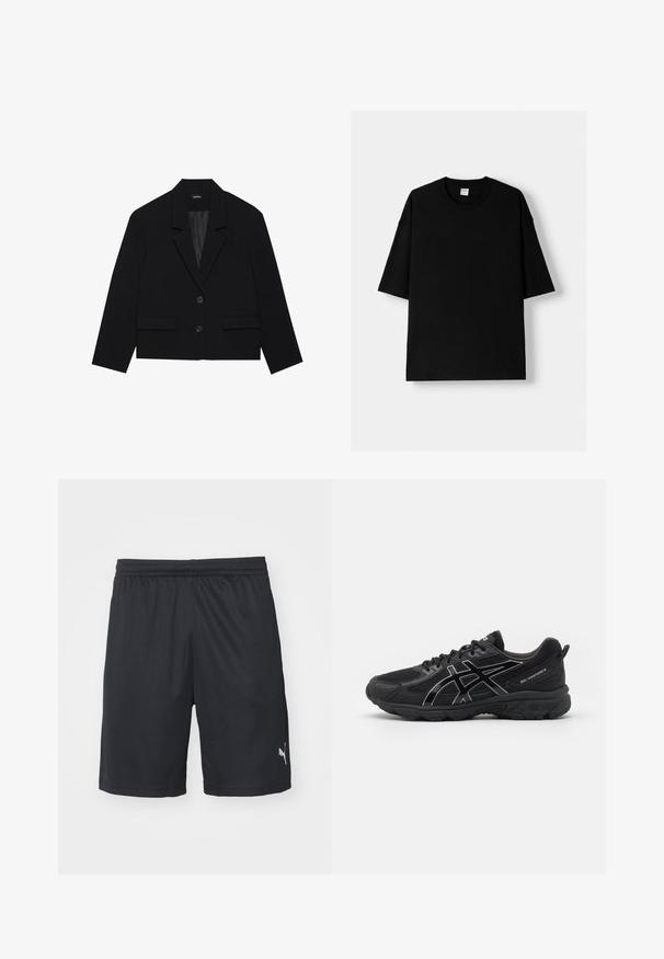 Čierny krátky blazer s klopovým golierom, dvoma prednými vreckami a uzáverom na dva gombíky. Textúrovaná tkanina s hladkým vnútorným podšívkou.; Čierne bavlnené tričko s krátkymi rukávmi, okrúhlym výstrihom a voľným strihom. Hladká textúra a minimalistický dizajn, bez vzorov alebo akcentov.; Puma INDIVIDUALLIGA TRAINING SHORTS OPEN POCKETS - Športové šortky - black/fizzy apple; Čierne športové topánky s mesh vrchom, syntetickými detailmi, reflektujúcimi prvkami, polstrovanou podrážkou a textúrovaným dezénom pre lepšiu priľnavosť.