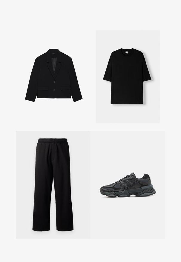 Zwarte cropped blazer met een opstaande kraag, twee vo zakken en sluiting met twee knopen. Gelaagd stof met een gladde binnenvoering.; Zwarte katoen t-shirt met korte mouwen, ronde hals en een relaxte fit. Soepele textuur en minimalistisch ontwerp, geen patronen of accenten.; Zwarte sweatpants met een elastische tailleband, relaxte pasvorm, rechte pijpen en geen zichtbare patronen of hardware. Zachte textuur, casual ontwerp.; Zwarte hardloopschoen met een mix van mesh en synthetische materialen, een stevige zool, gebogen ontwerp en prominente branding op de zijkant.