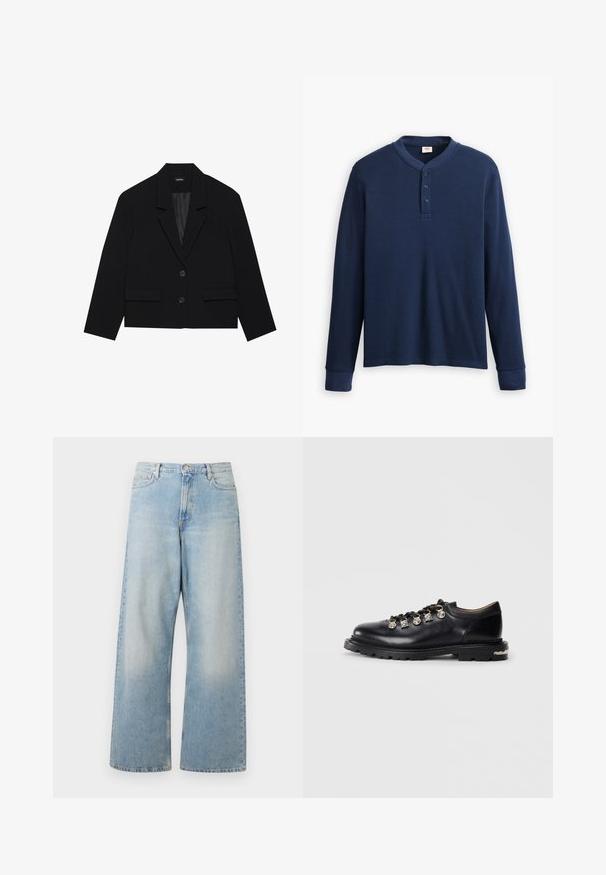 Juodas trumpas švarkas su iškarpytu apykakle, dviem priekiniais kišenėmis ir dviem sagų užsegimu. Tekstūruota medžiaga su glotnia vidine pamušalu.; Tamsiai mėlynas ilgų rankovių henley marškinėliai, pagaminti iš rievėtos medžiagos. Savybės: apvalus iškirpimas ir trys mygtukų skylutės. Rankogaliai prigludę.; Šviesiai mėlynos plačios kojų džinsai, pagaminti iš džinsinio audinio, su aukštu liemeniu, priekinėmis kišenėmis ir išblukusiu plovimu su subtiliu trupinėjimu šlaunų srityje.; Juodas odinis žemas batų modelis su storu padu, metaliniais akmenukais, dekoratyviniais sidabriniais žavesiais ant raištelių ir tekstūruotu padu.
