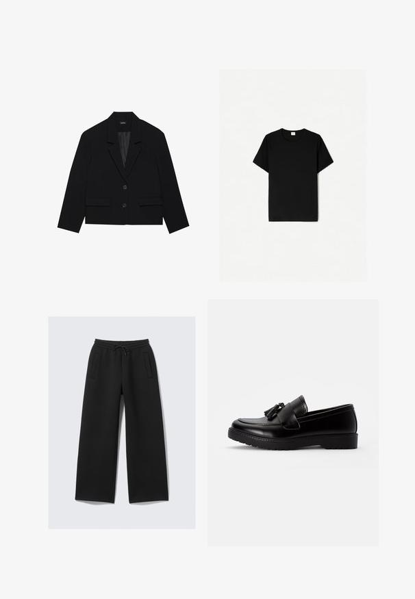 Schwarze cropped Blazerjacke mit Reverskragen, zwei Vordertaschen und zwei Knopfverschluss. Strukturierter Stoff mit glattem Innenfutter.; Schwarzes T-Shirt mit kurzen Ärmeln, klassischem Rundhalsausschnitt, aus weichem Baumwollmaterial, mit glatter Textur und ohne sichtbare Muster oder Akzente.; Schwarze weite Sweatpants mit elastischem Bund und Kordelzug, ausgestattet mit zwei vertikalen Einschubtaschen auf der Vorderseite.; Schwarze Lederloafers mit flacher Sohle, die eine dekorative Quaste auf dem Spann und genähte Details entlang der Ränder aufweisen.