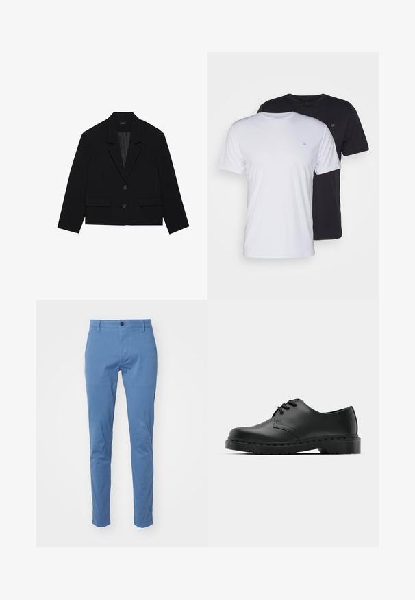 Blazer cropped preto com gola de bico, dois bolsos frontais e fechamento com dois botões. Tecido texturizado com um forro liso.; Duas t-shirts de algodão em branco e preto, de mangas curtas e com decote redondo, apresentando um pequeno logo no peito, com textura suave.; DOCKERS SMART SUPREME FLEX SKINNY - Chinos - bluefin; Sandalho oxford de couro preto com design de atacador, bico arredondado, sola de borracha plana e detalhe de costura discreto no cabedal.