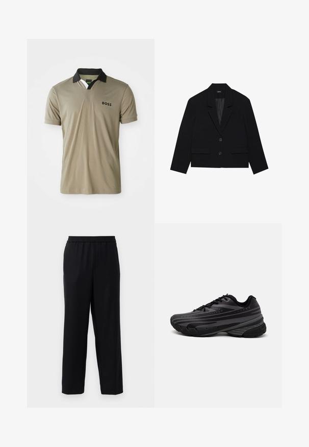 Černá zkrácená sako s klopovým límcem, dvěma předními kapsami a uzavřením na dva knoflíky. Texturovaná tkanina s hladkou vnitřní podšívkou.; Khaki polo tričko s černým límečkem, krátkým rukávem a texturovanou látkou. Obsahuje malé logo "BOSS" na levé hrudi.; Černé kalhoty s elastickým páskem, rovný střih a hladká, lehká látka. Žádné viditelné kapsy ani vzory.; Černá běžecká bota s texturovaným svrškem zdobeným šedými pruhy. Silná podešev pro odpružení, kulatá špička a ploché tkaničky pro bezpečné uchycení.