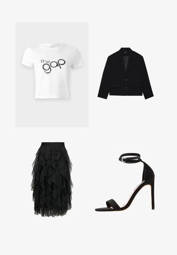Černá zkrácená sako s klopovým límcem, dvěma předními kapsami a uzavřením na dva knoflíky. Texturovaná tkanina s hladkou vnitřní podšívkou.; Bílý zkrácený tričko vyrobené z bavlny s černým třpytivým grafickým logem "the gap" na přední straně. Krátké rukávy a kulatý výstřih.; Černá midi sukně vyrobená z vrstveného tylu s volánkovým vzorem. Obsahuje elastický pás. Průhledná látka dodává texturu a pohyb.; Černé semišové sandály na vysokém podpatku s jednoduchým designem pásku, otevřenou špičkou a pásem kolem kotníku se stříbrnou sponou.