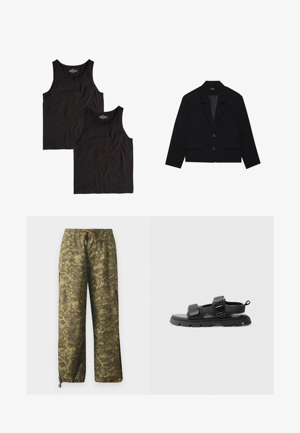 Mustahuulinen lyhyt blazer, jossa on viistoreunainen kaulus, kaksi etutaskua ja nappikiinnitys. Kuosillinen kangas, jossa on sileä sisävuori.; Kaksi mustaa puuvillapuseroa, joissa on yksinkertainen pyöreä pääntie ja hihaton muotoilu, asetettu tasaiselle pinnalle sileällä pinnalla.; Vihreän ja ruskean sävyiset naamiointikuviolliset cargo-housut, joissa on joustava vyötärö, kiristysnauha ja vetoketjulliset sivutaskut.; Musta sandaalit, joissa on teksturoidusta kankaalta valmistettu päällinen, leveät hihnat, metalliset solkiyksityiskohdat ja paksu kumipohja, jossa on urituskuvio.