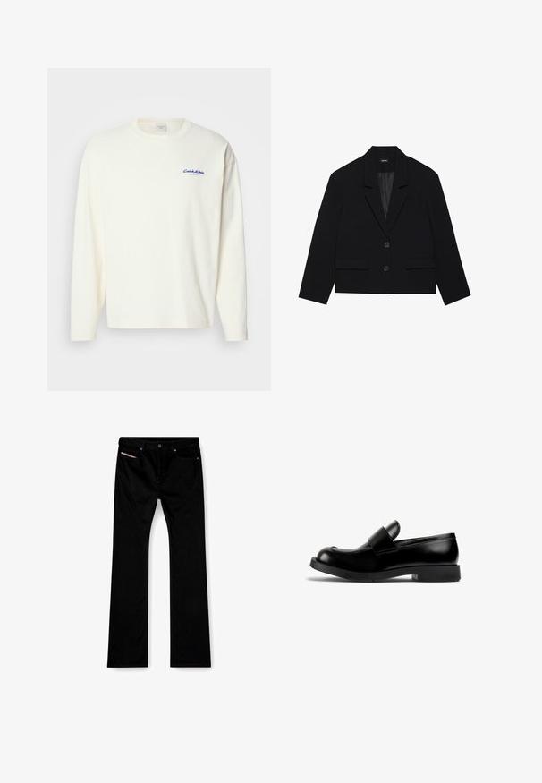 Czarna krótka marynarka z zapięciem na guzik, klapami i dwiema przednimi kieszeniami. Teksturowany materiał z gładką podszewką.; Długi rękaw, kremowa koszulka wykonana z bawełny, z okrągłym dekoltem i małym niebieskim logo Calvin Klein po lewej stronie klatki piersiowej. Miękka tekstura.; Czarne jeansy o prostym kroju z przodem zapinanym na guzik i zamek, z kieszeniami z przodu i z tyłu oraz białą metką widoczną w prawej kieszeni przedniej.; Czarne skórzane mokasyny z zaokrąglonym noskiem, płaską gumową podeszwą i wyraźnym paskiem na wierzchu. Gładka tekstura, minimalistyczny design.