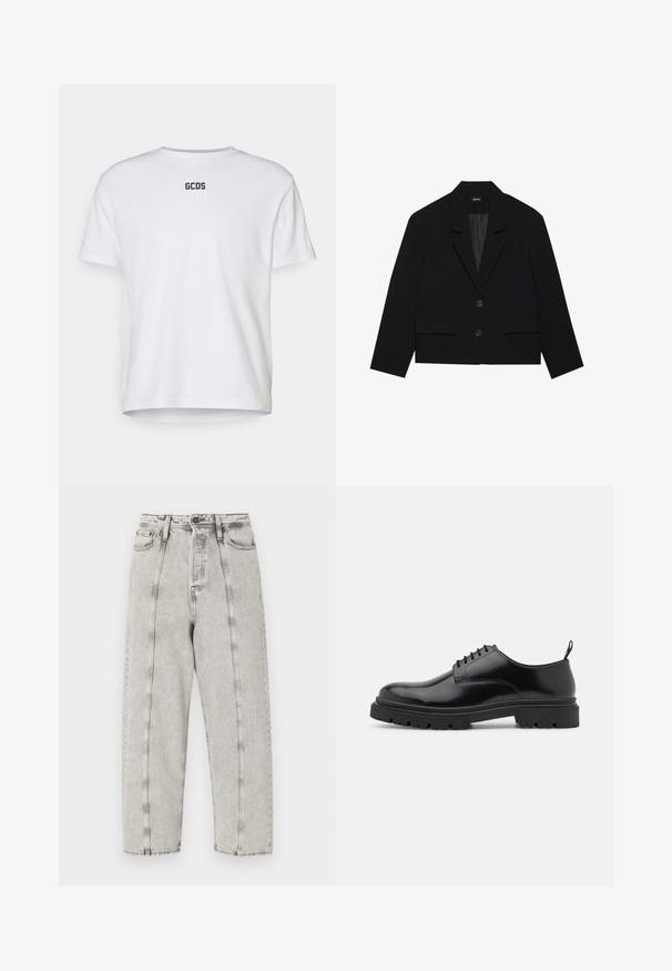 Svart cropped blazer med slagkrage, to frontlommer og to knappelukkinger. Teksturert stoff med glatt innerfôr.; Hvit bomullst-skjorte med korte ermer, med rund hals og "GCDS"-logo trykt i svart på baksiden. Enkelt, udekorerte design.; Grå høy midje jeans med løs passform, med rette ben, synlig søm og slitt tekstur.; Sorte lær lace-up sko med rund tå, glat overflade og rillet gummisål. Har en lille hæl og en pull-tab bagpå.