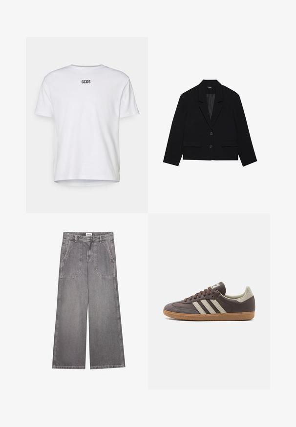 Černá zkrácená sako s klopovým límcem, dvěma předními kapsami a uzavřením na dva knoflíky. Texturovaná tkanina s hladkou vnitřní podšívkou.; Bílý bavlněný tričko s krátkým rukávem, s kulatým výstřihem a potiskem loga "GCDS" v černé barvě na zadní straně. Jednoduchý, nezdobený design.; Šedé džíny s širokými nohavicemi vyrobené z denimu, s vysokým pasem, dvěma předními kapsami se švy a zapínáním na knoflík.; Hnědé kožené tenisky se třemi světlými pruhy, gumovou podrážkou, zaoblenou špičkou a texturovanými semišovými detaily na patě a špičce.