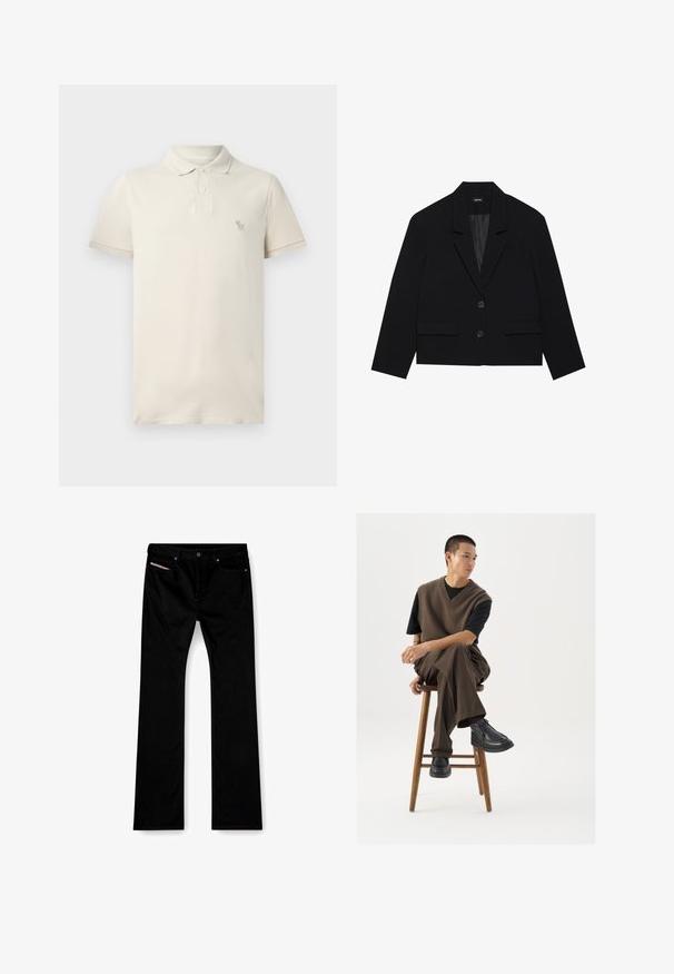 Černá zkrácená sako s klopovým límcem, dvěma předními kapsami a uzavřením na dva knoflíky. Texturovaná tkanina s hladkou vnitřní podšívkou.; Béžové polo tričko vyrobené z bavlny, s límečkem, krátkými rukávy a malým vyšitým logem na hrudi. Měkká textura s klasickým střihem.; Černé džíny s rovnými nohavicemi, vpředu na knoflík a zip, s předními a zadními kapsami a bílou etiketou viditelnou v pravé přední kapse.; Hnědý pletený svetr přes černé tričko, v kombinaci s hnědými širokými kalhotami a černými masivními botami, sedící na dřevěném stoličce.
