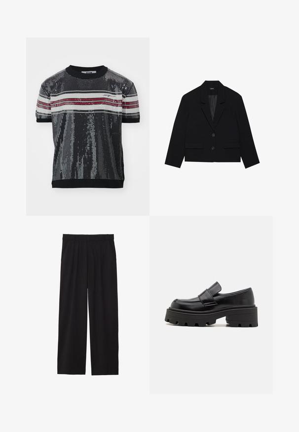 Černá zkrácená sako s klopovým límcem, dvěma předními kapsami a uzavřením na dva knoflíky. Texturovaná tkanina s hladkou vnitřní podšívkou.; Krátký rukáv, černý top se štrasovými cvočky a ribbovanou texturou, s bílými a červenými vodorovnými pruhy a kulatým výstřihem. Součástí je logo značky.; Černé široké kalhoty s skladaným předním dílem, bočními kapsami a hladkou texturou tkaniny. Navrženy pro pohodlný střih.; Černé kožené mokasíny s robustní gumovou podrážkou, které mají zvýšenou platformu a pásek přes nárt. Hladký povrch a zaoblený tvar.