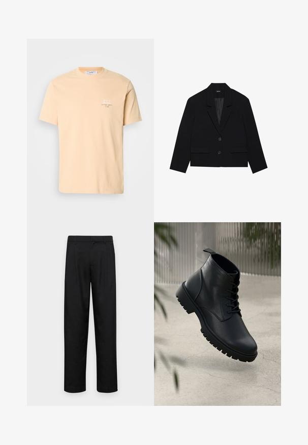 Black cropped blazer with a notched collar, two front pockets, and two button closure. Textured fabric with a smooth inner lining.; Peach-colored cotton t-shirt with short sleeves, featuring a small white graphic and text on the left chest area. Simple crew neckline.; Black trousers made of smooth fabric, featuring a straight-leg design, two front pleats, and standard waistband with belt loops.; Black leather ankle boots with a rounded toe, lace-up design, and rugged rubber sole. Smooth texture with a pull tab at the back.