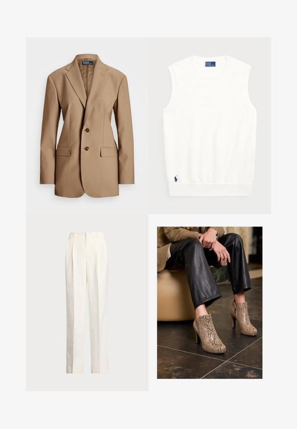 Blazer double boutonné beige fabriqué en tissu lisse avec deux poches avant, boutons marron et une coupe ajustée. Possède des revers crantés.; Pull sans manches blanc en coton lisse, avec un ourlet côtelé et un petit logo bleu marine en bas à gauche. Design simple, sans motifs.; Polo Ralph Lauren HEMP WIDE LEG PANT - Pantalon classique - nevis; Personne portant un pantalon en cuir noir et des bottines à talons hauts en simili cuir serpent beige, assise sur un siège beige à l'intérieur.