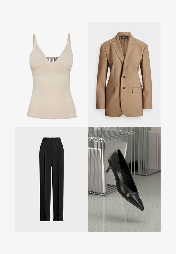 Barna gombokkal, sima anyagból készült, két zsebes, dupla soros zakó, amely testhez álló fazonú. Kivágott hajtókákkal rendelkezik.; Beige ujjatlan felső V-nyakkivágással és állítható spagetti pántokkal. Simma, rugalmas anyagból készült, amely szépen követi a test vonalát.; Fekete, testre szabott nadrág magas derékkal, elöl redőkkel, egyenes láblineáris kialakítással és halkézével. Sima anyagból készült.; Fekete bőr magassarkú cipő hegyes orral, vékony pánttal és arany kiegészítővel. Fényes felület, finom sarok és elegáns dizájn.