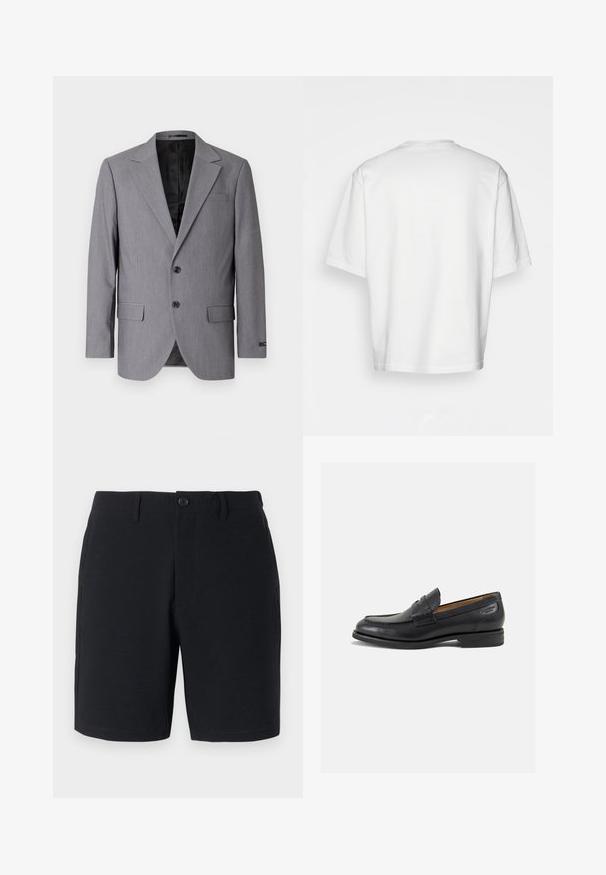 Szürke blézer sima textúrával, egygombos dizájnnal, bemetszett hajtókával, két gombbal és két oldalzsebbel; látható bélés.; Fehér, rövidujjú póló, laza szabással, kerek dekoltázzsal, sima pamut anyagból, díszítés nélküli hátrésszel, egyenes szegéllyel, minta és kiegészítők nélkül.; Fekete rövidnadrág, amely texturált anyagból készült, gombos záródással, övhurkokkal és oldalsó zsebekkel rendelkezik; testhezálló szabás, letisztult, varrt szegélyekkel.; Fekete bőr loaferek sima felülettel, lekerekített orral és díszítő varrással a lábfejen. Alacsony, réteges sarkú és enyhe fényű.