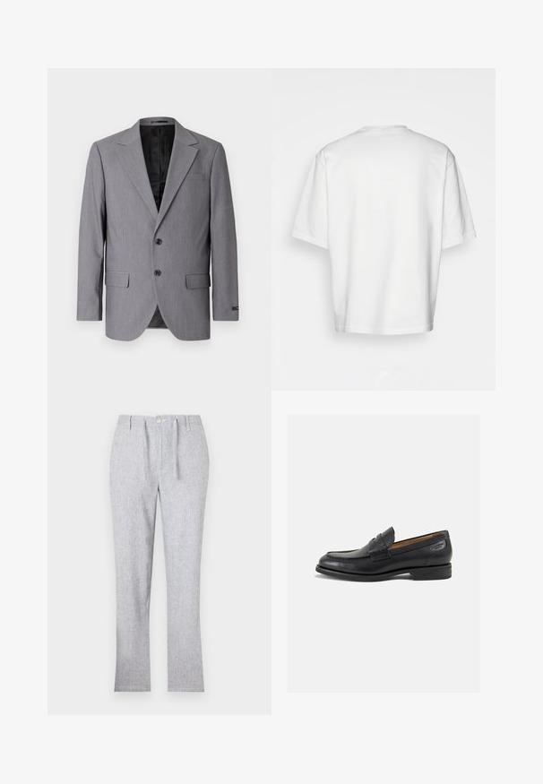 Pilkas švarkas su lygiavalgiu tekstūru, vieno mygtuko dizainu, notch apykakle, dviem mygtukais ir dviem šoniniais kišenėmis; matoma pamušalo vidinė dalis.; Balti, trumpomis rankovėmis medvilniniai marškinėliai su apvalia iškirpte. Paprastas dizainas, be raštų ar akcentų, matomi iš nugaros.; Šviesiai pilki kelnių pagaminti iš tekstūruotos medžiagos, su mygtukų uždarymu, diržo kilpomis ir tiesiu kojų dizainu. Nėra matomų raštų.; Juodi odiniai loafersai su lygiu paviršiumi, apvaliu pirštu ir dekoratyvine siūlė viršuje. Žemas sustiprintas kulnas ir lengvas blizgesys.
