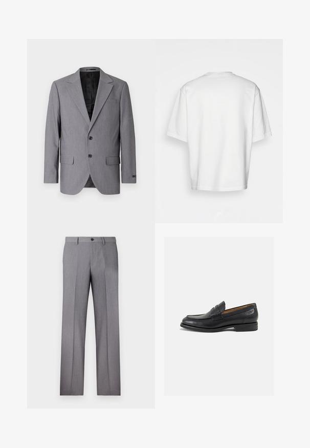 Pelēks bleizeris ar gludu tekstūru, vienkrūšu dizains, iemaukti, divas pogas un divas sānu kabatas; redzama odere.; Balta īsām piedurknēm T-krekls, brīvs piegriezums, apaļš kakla izgriezums, gluda kokvilnas auduma, vienkārša aizmugure, taisna apakšmala, bez rakstiem vai accentiem.; Pelēki pielāgoti bikses ar plakanu priekšpusi, diviem sānu kabatām un vienu pogu aizdari. Gluda tekstūra ar smalku svītrotu rakstu.; Melnas ādas loafers ar gludu apdari, noapaļotu purngalu un dekoratīvām šuvēm uz virsu. Zems, sakrauta papēža un neliels spīdums.