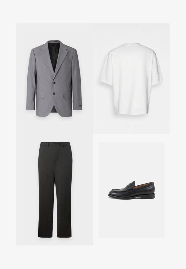 Harmaa bleiseri, jossa on sileä pinta, yksirivinen suunnittelu, kaarevat lapelsit, kaksi nappia ja kaksi sivutaskua; vuorattu sisus näkyvissä.; Valkoinen, lyhythihainen t-paita pyöreällä pääntiellä, valmistettu puuvillasta. Yksinkertainen muotoilu, ei kuvioita tai koristeita, nähtynä takaa.; Mustat suorat housut, joissa on sileä pinta, joustovyötärö ja hienovarainen, kevyt kangas.; Mustat nahkaloaferit, joissa on sileä pinta, pyöreä varvas ja koristeompeleet varpaansuojassa. Matala pinottu korko ja hieno kiilto.