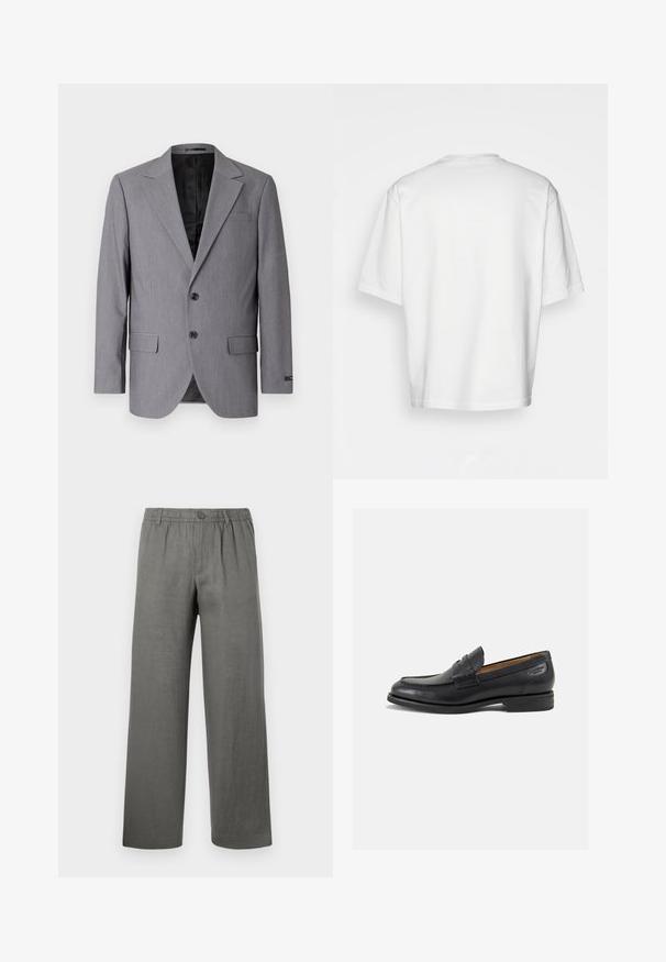 Grijze blazer met een gladde textuur, enkelvoudig gekleed ontwerp, notch revers, twee knopen en twee zijzakken; gevoerde binnenkant zichtbaar.; Witte t-shirt met korte mouwen, losse fit, ronde halslijn, gladde katoenen stof, ongeversierde achterkant, rechte zoom, geen patronen of accenten.; Grijze linnen broek met een relaxte pasvorm, elastische tailleband, knoopsluiting en rechte benen. Soepele textuur, minimalistisch ontwerp.; Zwarte leren loafers met een gladde afwerking, ronde neus en decoratieve stiksels op de wreef. Lage gestapelde hak en een lichte glans.