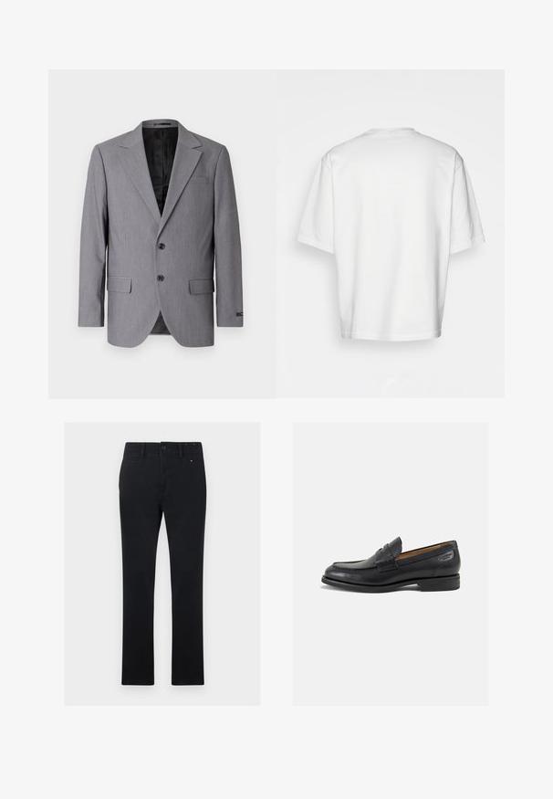Pelēks bleizeris ar gludu tekstūru, vienkrūšu dizains, iemaukti, divas pogas un divas sānu kabatas; redzama odere.; Balta īsām piedurknēm T-krekls, brīvs piegriezums, apaļš kakla izgriezums, gluda kokvilnas auduma, vienkārša aizmugure, taisna apakšmala, bez rakstiem vai accentiem.; Melnas kokvilnas bikses ar taisnu piegriezumu, ar pogu un rāvējslēdzēja aizdari, piecām kabatām un smalkām izšuvumu detaļām.; Melnas ādas loafers ar gludu apdari, noapaļotu purngalu un dekoratīvām šuvēm uz virsu. Zems, sakrauta papēža un neliels spīdums.