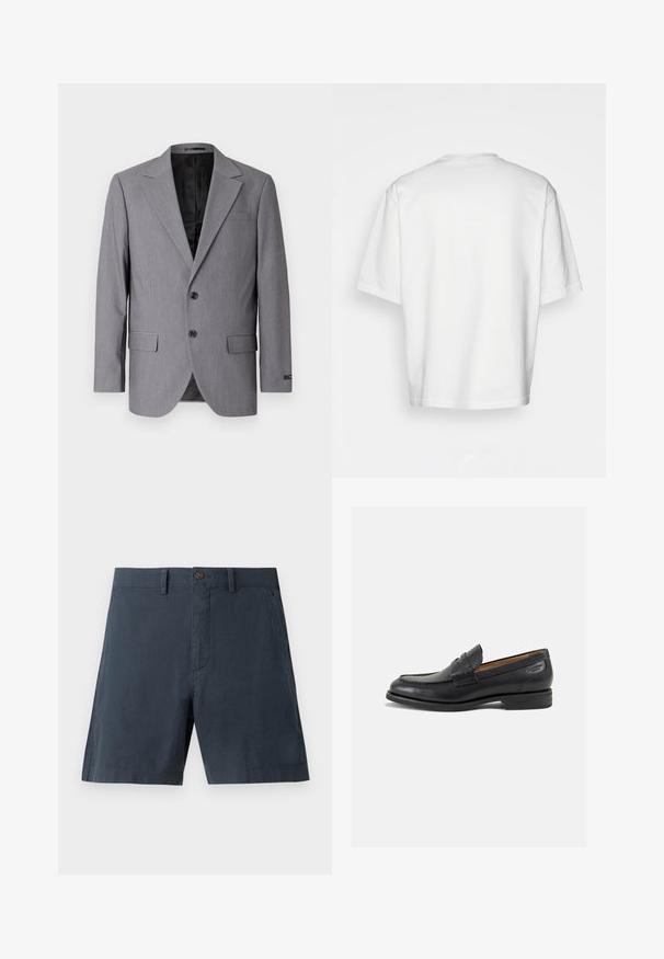 Pelēks bleizeris ar gludu tekstūru, vienkrūšu dizains, iemaukti, divas pogas un divas sānu kabatas; redzama odere.; Balta īsām piedurknēm T-krekls, brīvs piegriezums, apaļš kakla izgriezums, gluda kokvilnas auduma, vienkārša aizmugure, taisna apakšmala, bez rakstiem vai accentiem.; Jūras zila šorti, izgatavoti no kokvilnas auduma maisījuma, ar pogu aizdari, sānu kabatām un taisnu kāju dizainu.; Melnas ādas loafers ar gludu apdari, noapaļotu purngalu un dekoratīvām šuvēm uz virsu. Zems, sakrauta papēža un neliels spīdums.