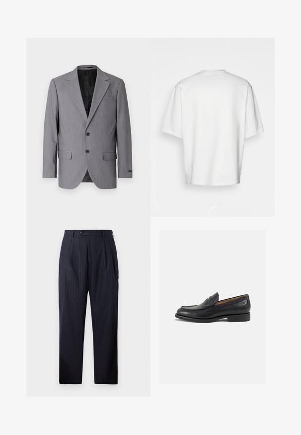 Γκρίζα σακάκι με λεία υφή, μονόκουμπο σχέδιο, κανονικά πέτα, δύο κουμπιά και δύο πλευρικές τσέπες; ορατό επενδυμένο εσωτερικό.; Λευκό κοντομάνικο μπλουζάκι, χαλαρή εφαρμογή, στρογγυλή λαιμόκοψη, απαλό βαμβακερό ύφασμα, χωρίς διακοσμητικά στην πλάτη, ίσια γραμμή στο κάτω μέρος, χωρίς σχέδια ή αξεσουάρ.; Τζιν παντελόνι με ναυτικές ρίγες, φτιαγμένο από υφασμάτινη υφή, διαθέτει κλείσιμο με κουμπί, δύο πιέτες μπροστά και ίσια γραμμή.; Μαύρα δερμάτινα loafers με λείο φινίρισμα, στρογγυλή μύτη και διακοσμητική ραφή στη μπροστινή πλευρά. Χαμηλός σωρός και ελαφριά γυαλάδα.