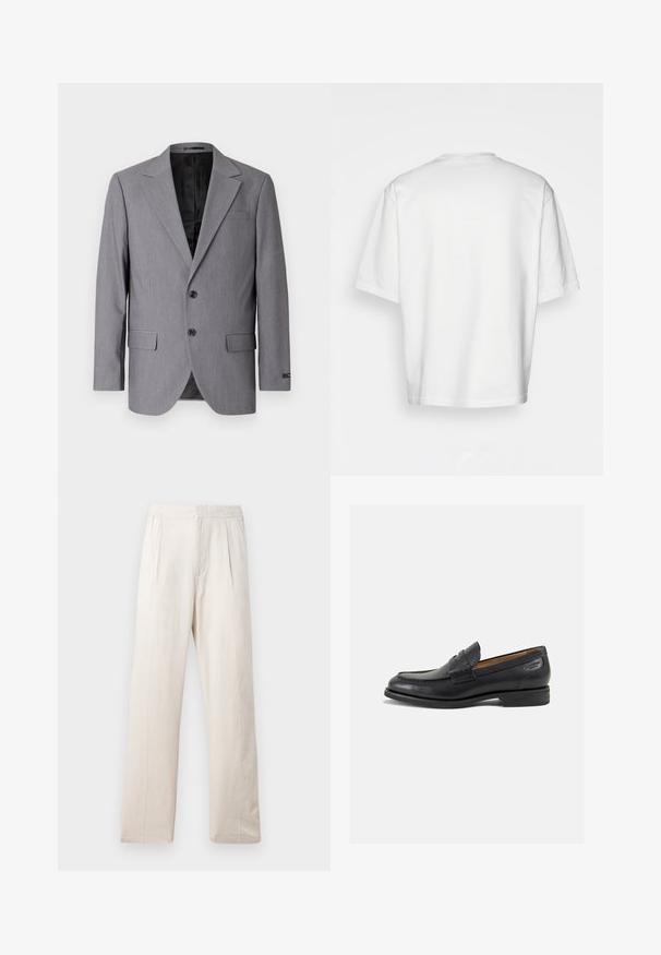 Grijze blazer met een gladde textuur, enkelvoudig gekleed ontwerp, notch revers, twee knopen en twee zijzakken; gevoerde binnenkant zichtbaar.; Witte t-shirt met korte mouwen, losse fit, ronde halslijn, gladde katoenen stof, ongeversierde achterkant, rechte zoom, geen patronen of accenten.; Lichtbeige wijde broek gemaakt van textuurstof, voorzien van een elastische tailleband en twee voorkleurplooien voor extra detail.; Zwarte leren loafers met een gladde afwerking, ronde neus en decoratieve stiksels op de wreef. Lage gestapelde hak en een lichte glans.