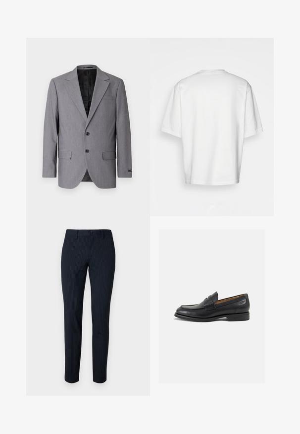 Szary marynarka o gładkiej teksturze, jednopierścieniowa konstrukcja, klapy notcha, dwa guziki i dwie boczne kieszenie; widoczne wykończenie podszewką.; Biała, krótkiego rękawa koszulka, luźny krój, okrągły dekolt, gładki bawełniany materiał, nieozdobione plecy, prosta linia dołu, bez wzorów ani akcentów.; Granatowe spodnie z cienkimi pionowymi paskami, wykonane z gładkiego materiału. Zawierają zapięcie na guziki i mają dopasowany krój z prostymi nogawkami.; Czarne skórzane mokasyny o gładkim wykończeniu, zaokrąglonym nosku i dekoracyjnym przeszyciu na cholewce. Niski, warstwowy obcas i delikatny połysk.