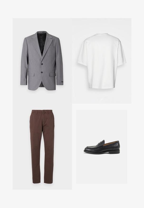 Pilkas švarkas su lygiavalgiu tekstūru, vieno mygtuko dizainu, notch apykakle, dviem mygtukais ir dviem šoniniais kišenėmis; matoma pamušalo vidinė dalis.; Balta trumpa rankovėmis marškinėliai, laisvas kirpimas, apvalus iškirpimas, lygaus džinsinio audinio, nepuošta nugara, tiesiai kraštu, be raštų ar akcentų.; Rudos medvilnės šortai su tiesiomis kojomis, turintys priekinį mygtuką ir šoninius kišenių. Lygus paviršius su klasikinio kirpimo dizainu.; Juodi odiniai loafersai su lygiu paviršiumi, apvaliu pirštu ir dekoratyvine siūlė viršuje. Žemas sustiprintas kulnas ir lengvas blizgesys.