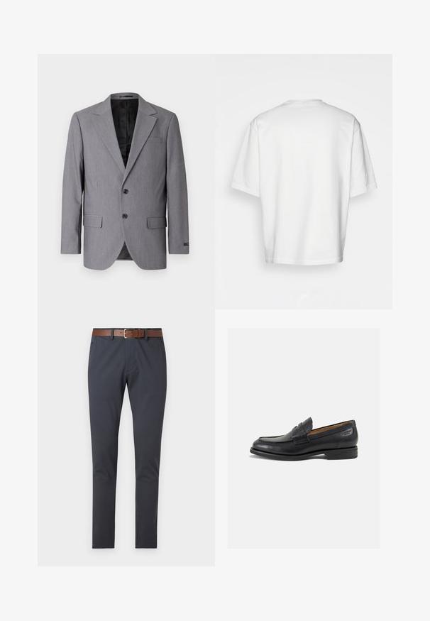 Sivi sako s glatkom teksturom, jednostruko zakopčan, s kleštenim reverima, dva dugmeta i dva bočna džepa; vidljiva podstava.; Bijela majica kratkih rukava, slobodnog kroja, okruglog izreza, od glatke pamučne tkanine, bez ukrasa na leđima, ravnog donjeg ruba, bez uzoraka ili naglasaka.; Tamno plave chinos hlače sa glatkom teksturom, uz smeđi kožni remen sa pravokutnom srebrnom kopčom, krojene su i nemaju vidljive uzorke.; Crne kožne loferice s glatkom površinom, zaobljenim vrhom i dekorativnim šavom na gornjem dijelu. Nizak potplat s malim potpeticama i blagi sjaj.