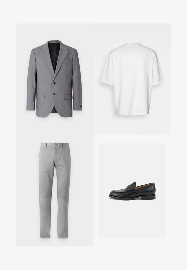 Grauer Blazer mit glatter Textur, einreihigem Design, Reverskragen, zwei Knöpfen und zwei Seitentaschen; gefüttertes Innenfutter sichtbar.; Weißes T-Shirt mit kurzen Ärmeln, lockere Passform, runder Ausschnitt, glattes Baumwollmaterial, ungeschmückter Rücken, gerader Saum, keine Muster oder Akzente.; Graue, gerade geschnittene Hosen aus strukturiertem Stoff. Mit einem Knopfverschluss, Gürtelschlaufen und seitlichen Taschen für Funktionalität.; Schwarze Leder Slipper mit glatter Oberfläche, runder Spitze und dekorativer Naht auf dem Vorderblatt. Niedriger Blockabsatz und leichter Glanz.
