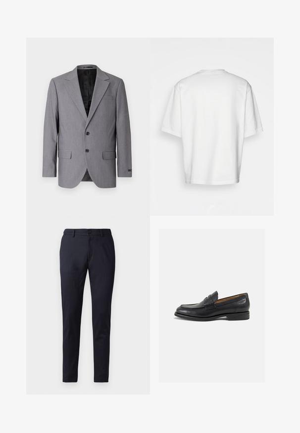 Grijze blazer met een gladde textuur, enkelvoudig gekleed ontwerp, notch revers, twee knopen en twee zijzakken; gevoerde binnenkant zichtbaar.; Witte t-shirt met korte mouwen, losse fit, ronde halslijn, gladde katoenen stof, ongeversierde achterkant, rechte zoom, geen patronen of accenten.; Navybroek van gladde stof, met een slim fit, riemlussen en een enkele knoopsluiting. Rechte pijpen met subtiele plooien.; Zwarte leren loafers met een gladde afwerking, ronde neus en decoratieve stiksels op de wreef. Lage gestapelde hak en een lichte glans.