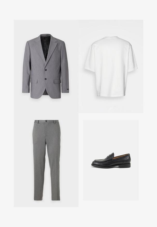 Hall gray bleiser suju tekstuuriga, ühekordne disain, sakilised kurvid, kaks nööpi ja kaks küljetaskut; vooderdatud sisemus on nähtav.; Valge lühikeste varrukatega T-särk, lõdva lõikega, ümar kaelus, sileda puuvillase kangaga, kaunistamata selg, sirge alläär, ilma mustrite või aktsентideta.; Hallmäärimisega hallid püksid, mis omavad siledat tekstuuri, kerget mustrit, lukku ja nööpi sulgemiseks, esi-taskut ja kitsenevaid jalgu.; Mustad mustad nahast loafers, sujuva viimistlusega, ümar sirge ja dekoratiivne tikand peal. Madal ja kergelt kuhjatud konts ning kerge läige.