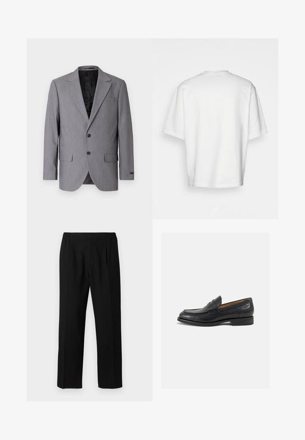 Siv blazer z gladko teksturo, enojnim gumbom, s poklopnimi reverji, dvema gumboma in dvema stranskima žepoma; vidna podloga.; Bela kratka majica s kratkimi rokavi, ohlapnega kroja, okroglega izreza, gladkega bombažnega materiala, brez okrasitev na hrbtni strani, ravna obroba, brez vzorcev ali naglasov.; Črne hlače iz gladkega materiala, z elastiko v pasu, ravnim krojem nog in dvema prednjima pregiboma za dodaten poudarek.; Črne usnjene loafers cipele z gladko površino, zaobljenim nosom in dekorativnim šivom na vampu. Nizek zloženi peti in rahla sijaj.