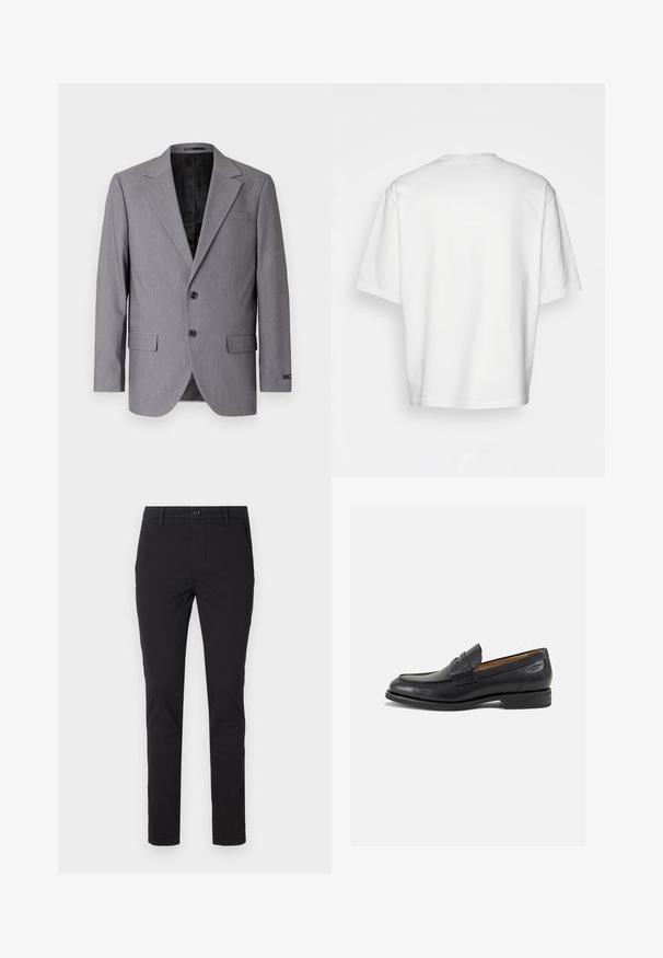 Šedý blazer s hladkou texturou, jednobarevný design, klopové límce, dva knoflíky a dvě boční kapsy; viditelná podšívka.; Bílý krátký rukáv tričko, volný střih, kulatý výstřih, hladká bavlněná tkanina, nezdobený zadní díl, rovný lem, žádné vzory ani akcenty.; Černé úzké kalhoty z bavlněné směsové tkaniny, které mají přední kapsy, zapínání na knoflík a hladký povrch bez vzorů.; Černé kožené mokasíny s hladkým povrchem, zaoblenou špičkou a dekorativním prošíváním na svršku. Nízký podpatka a mírný lesk.