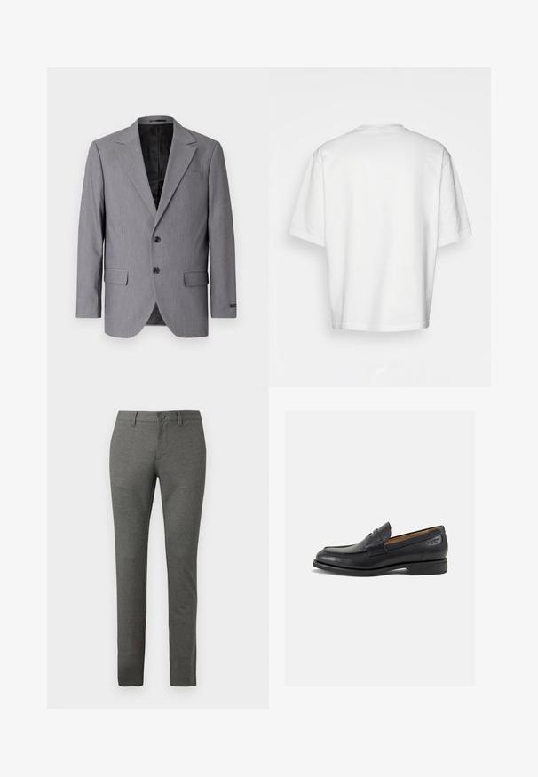 Siv blazer z gladko teksturo, enojnim gumbom, s poklopnimi reverji, dvema gumboma in dvema stranskima žepoma; vidna podloga.; Bela kratka majica s kratkimi rokavi, ohlapnega kroja, okroglega izreza, gladkega bombažnega materiala, brez okrasitev na hrbtni strani, ravna obroba, brez vzorcev ali naglasov.; Sive prilagojene hlače z teksturirano površino, slim fit oblikovanja, sprednjimi žepi in enim gumbom za zapiranje v pasu.; Črne usnjene loafers cipele z gladko površino, zaobljenim nosom in dekorativnim šivom na vampu. Nizek zloženi peti in rahla sijaj.
