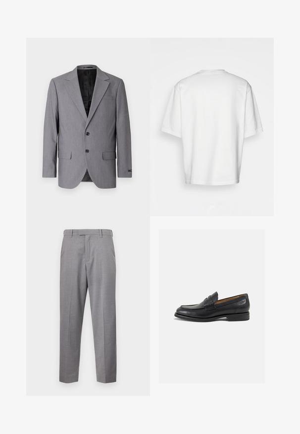 Pilkas švarkas su lygiavalgiu tekstūru, vieno mygtuko dizainu, notch apykakle, dviem mygtukais ir dviem šoniniais kišenėmis; matoma pamušalo vidinė dalis.; Balta trumpa rankovėmis marškinėliai, laisvas kirpimas, apvalus iškirpimas, lygaus džinsinio audinio, nepuošta nugara, tiesiai kraštu, be raštų ar akcentų.; Pilki kelnės, pagamintos iš tekstūruoto audinio, su tiesiomis kojomis, priekine raukšle ir standartiniu juosmeniu su diržo kilpomis.; Juodi odiniai loafersai su lygiu paviršiumi, apvaliu pirštu ir dekoratyvine siūlė viršuje. Žemas sustiprintas kulnas ir lengvas blizgesys.