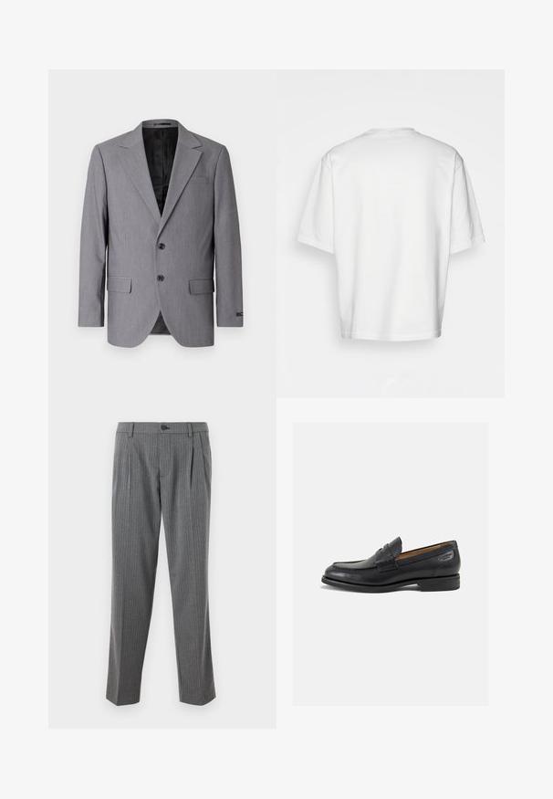 Gray blazer with a smooth texture, single-breasted design, notch lapels, two buttons, and two side pockets; lined interior visible.; White short-sleeve t-shirt, loose fit, round neckline, smooth cotton fabric, unembellished back, straight hemline, no patterns or accents.; Gray pinstripe trousers with a straight leg design, featuring a button closure and two front pleats, made from a tailored fabric.; Black leather loafers with a smooth finish, rounded toe, and decorative stitching on the vamp. Low stacked heel and slight shine.