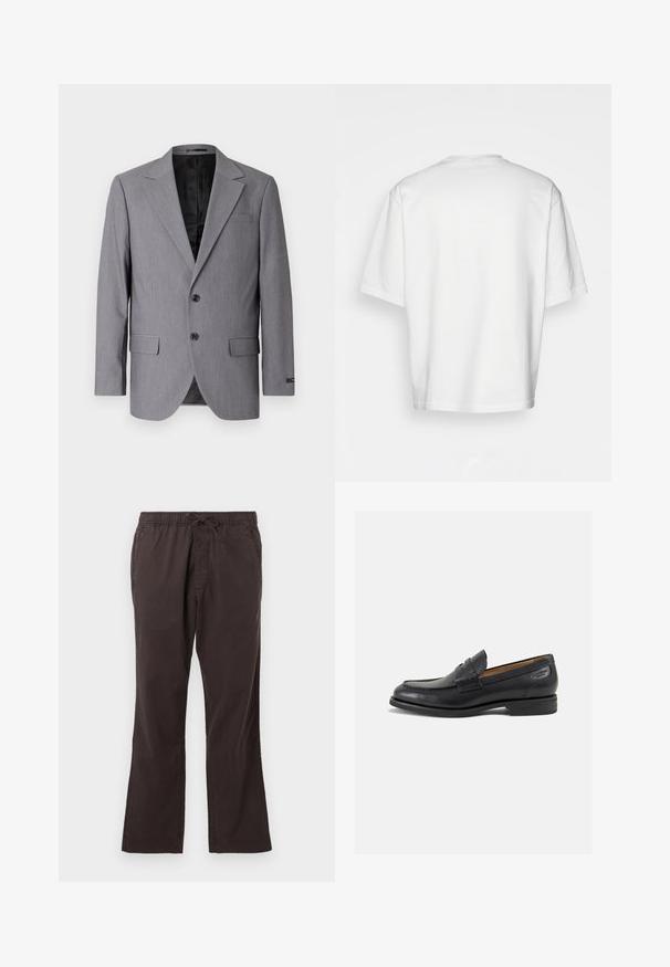 Grijze blazer met een gladde textuur, enkelvoudig gekleed ontwerp, notch revers, twee knopen en twee zijzakken; gevoerde binnenkant zichtbaar.; Witte t-shirt met korte mouwen, losse fit, ronde halslijn, gladde katoenen stof, ongeversierde achterkant, rechte zoom, geen patronen of accenten.; Donkerbruine elastische taillebroek met een trekkoord, met een recht model en een gladde, gestructureerde stof.; Zwarte leren loafers met een gladde afwerking, ronde neus en decoratieve stiksels op de wreef. Lage gestapelde hak en een lichte glans.