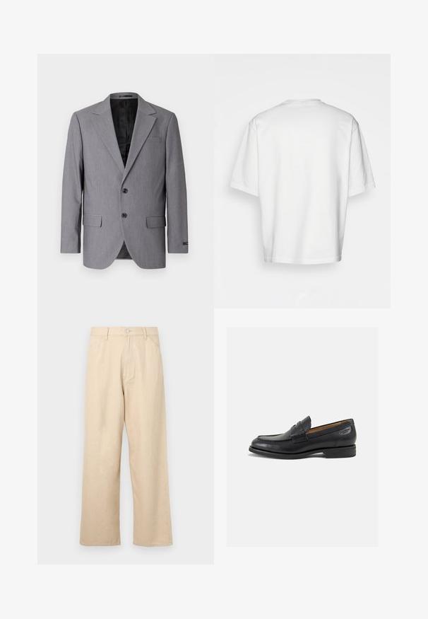 Blazer grigio con una texture liscia, design con un solo petto, rever a scollo, due bottoni e due tasche laterali; interno foderato visibile.; T-shirt bianco a maniche corte, vestibilità ampia, collo rotondo, in morbido cotone, retro senza decorazioni, orlo dritto, senza fantasie o dettagli.; Pantaloni a gamba larga beige in denim con finitura texturizzata, dotati di chiusura frontale con bottone e design classico a cinque tasche.; Mocassini in pelle nera con finitura liscia, punta arrotondata e cuciture decorative sulla tomaia. Tacco basso impilato e leggero lucido.