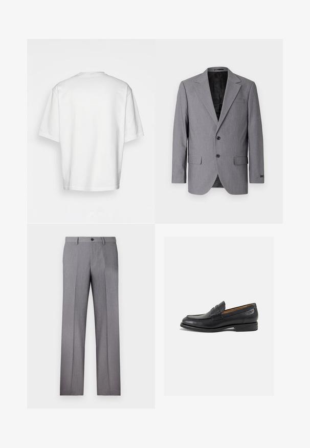 Blazer grigio con una texture liscia, design con un solo petto, rever a scollo, due bottoni e due tasche laterali; interno foderato visibile.; T-shirt bianco a maniche corte, vestibilità ampia, collo rotondo, in morbido cotone, retro senza decorazioni, orlo dritto, senza fantasie o dettagli.; Pantaloni grigi su misura con frontale piatto, due tasche laterali e chiusura a un bottone. Tessuto liscio con un sottile motivo a righe verticali.; Mocassini in pelle nera con finitura liscia, punta arrotondata e cuciture decorative sulla tomaia. Tacco basso impilato e leggero lucido.