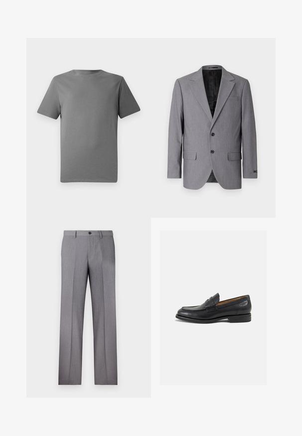 Blazer grigio con una texture liscia, design con un solo petto, rever a scollo, due bottoni e due tasche laterali; interno foderato visibile.; Maglietta grigia a maniche corte realizzata in morbido cotone, con collo tondo, texture liscia e senza motivi o accenti visibili.; Pantaloni grigi su misura con frontale piatto, due tasche laterali e chiusura a un bottone. Tessuto liscio con un sottile motivo a righe verticali.; Mocassini in pelle nera con finitura liscia, punta arrotondata e cuciture decorative sulla tomaia. Tacco basso impilato e leggero lucido.