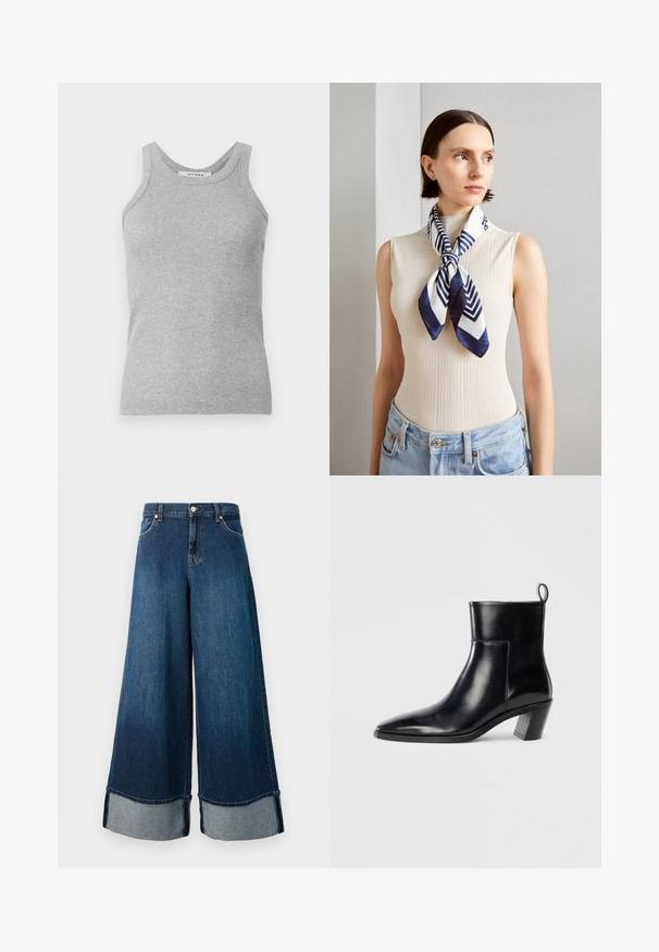 Jaqueta de ganga azul com um corte cropped, colarinho pontudo, botões de pressão prateados e dois bolsos frontais. Apresenta tachas decorativas ao longo do colarinho.; Top de alças cinza com textura canelada, decote redondo e alças largas. O tecido tem uma textura suave e uma silhueta ajustada.; Jeans de denim de perna larga em lavagem escura com um acabamento desbotado. Apresenta uma bainha crua e punhos de denim mais claro. Inclui bolsos frontais e fecho com botão.; Botim de cano baixo em couro preto com bico pontiagudo, um salto geométrico empilhado e uma alça na parte de trás. Textura suave e design elegante.; Cachecol de seda em azul marinho e branco com um padrão geométrico em zigzag. Textura suave, amarrado cuidadosamente ao redor do pescoço, complementando uma blusa com nervuras.