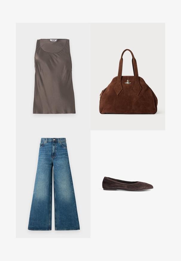 NA-KD Blazer - white; Brown satin sleeveless top with a round neckline and soft draping on the sides. Tag visible inside featuring the brand name "WEEKDAY."; White ribbed tank top featuring a round neckline and narrow shoulder straps. Label on neckline in light purple. Size tag visible.; High-waisted wide-leg jeans in faded blue denim, featuring a button closure, belt loops, and two front pockets.; Brown suede ballet flat with a pointed toe and low profile. Features smooth texture and minimalistic design. No visible hardware or accents.; Brown suede handbag with a structured shape, rounded body, and elongated diamond-shaped handles. Features a silver hardware closure.