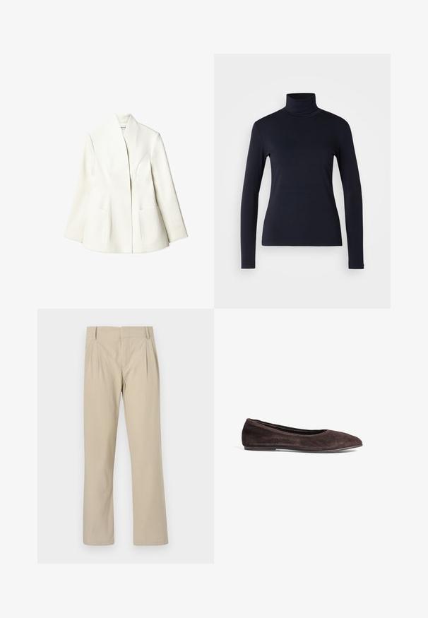 NA-KD Blazer - white; Marineblå turtleneck langærmet top. Fremstillet af blødt stof med en glat tekstur. Har et tætsiddende design og høj krave uden synlige sømme.; Beige brede benbukser lavet af bomuldsblanding; har folder foran, lige snit og bælteløkker. Glat tekstur, ingen mønstre.; Brune ruskinds ballerina med spids tå og lav profil. Har en glat tekstur og minimalistisk design. Ingen synlig hardware eller accenter.