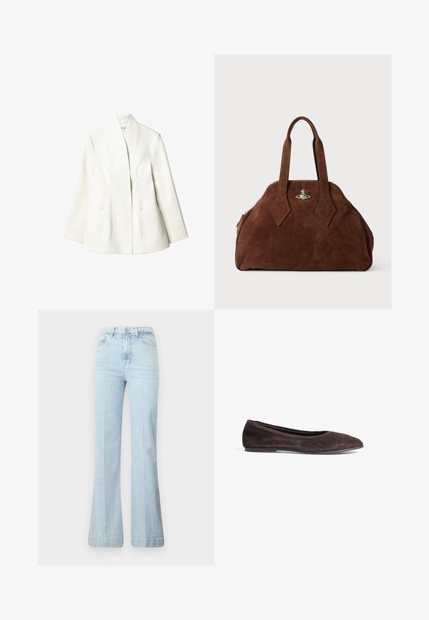 NA-KD Blazer - white; Vitt ribbat linne med rund halsringning och smala axelband. Etikett på halsringningen i ljuslila. Storleksmärke synligt.; Ljust blå utsvängda jeans i denim. Har hög midja, dragkedja och två framfickor. Subtil blekning på tyget, ren fåll.; Brun mocka ballerina med spetsig tå och låg profil. Har en jämn yta och en minimalistisk design. Inga synliga detaljer eller accenter.; Brun mockaskinnsväsk med en strukturerad form, rundad kropp och avlånga, diamantformade handtag. Har en silverfärgad låsning.