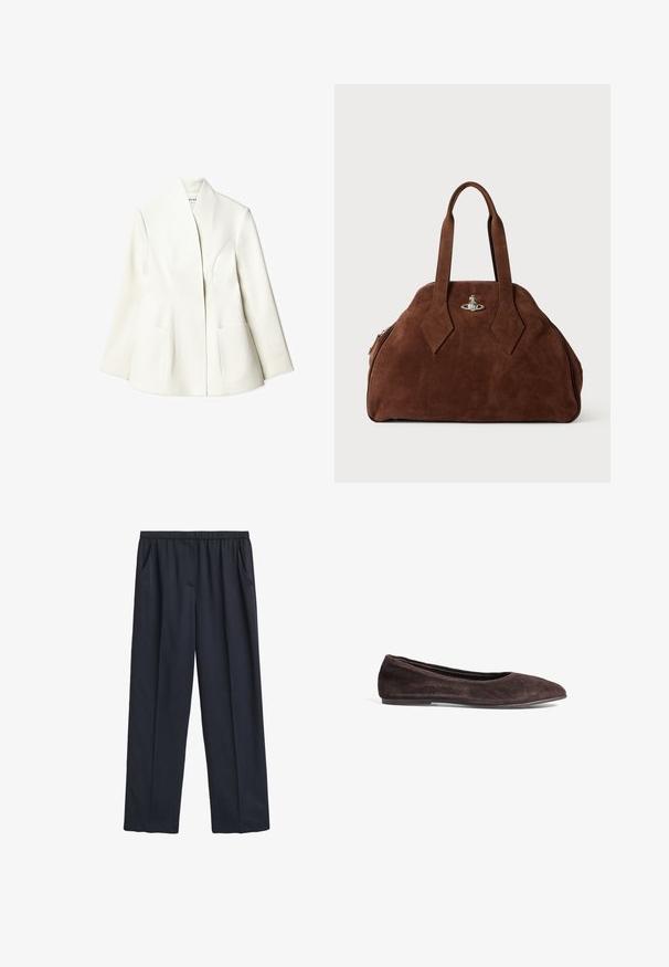 NA-KD Blazer - white; Top aderente bianco con coste, caratterizzato da un collo rotondo e spalline sottili. Etichetta sul collo di colore viola chiaro. Etichetta della taglia visibile.; Pantaloni larghi blu navy con cintura elastica, due tasche laterali, tessuto morbido e un design fluido.; Ballerine in suede marrone con punta affusolata e profilo basso. Presenta una texture liscia e un design minimalista. Nessun hardware o accenti visibili.; Borsa in suede marrone con una forma strutturata, corpo arrotondato e manici a forma di diamante allungati. Presenta una chiusura in metallo argentato.